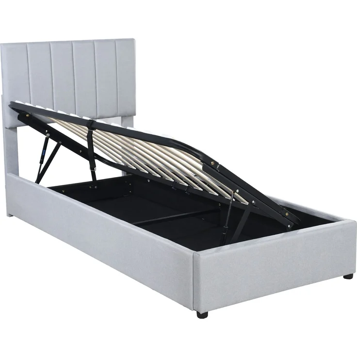 Polsterbett 90x200 cm mit hydraulischem Stauraum und verstellbarem Kopfteil – Leinen, Grau – Bild 6