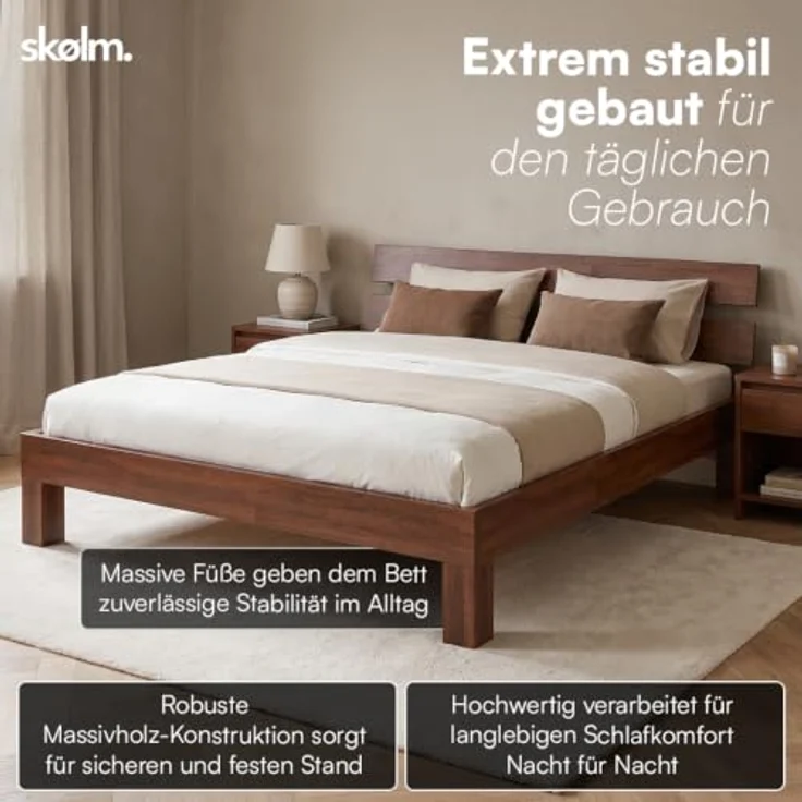 skølm Floki Massivholzbett 180x200 cm aus Eiche - hochwertiges Bettgestell in Walnussoptik - Bettrahmen mit Bettkopf - Holzbett in Natur geölt - Bett geeignet als Doppelbett - Futonbett Schlafzimmer – Bild 8