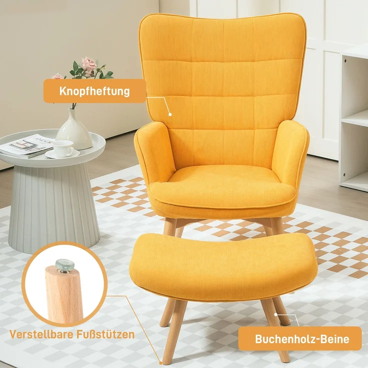 Ohrensessel mit Hocker, Relaxsessel, Polstersessel in Kordoptik, Loungesessel, Armlehnstuhl mit Holzbeine, Fernsehsessel für Wohnzimmer, Orange--Orange--72x80x101cm--YOUDENOVA – Bild 5