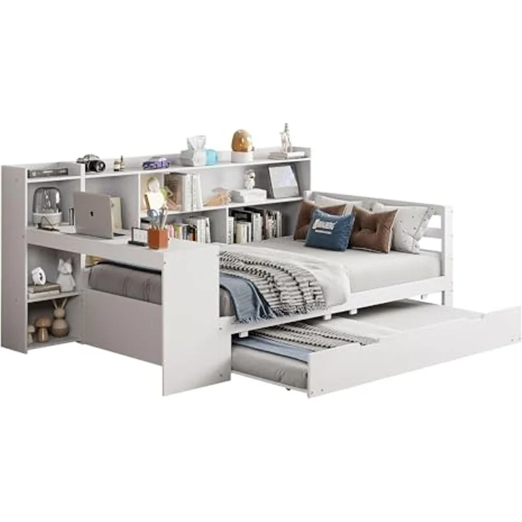 Odikalo Ausziehbett Daybett Schlafsofa Schreibtisch Regal Ablagefach Weiß/Grau 90/140 – Bild 1