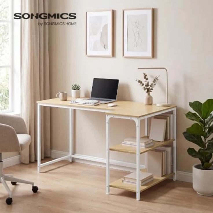 VASAGLE Eckschreibtisch in L-Form, Computertisch, 120 x 80 cm | mit Stauraum, höhenverstellbare Ablage, beidseitig montierbar, Natürliche Eiche und Mattweiss, BARNET Kollektion LWD136Y101 – Bild 2
