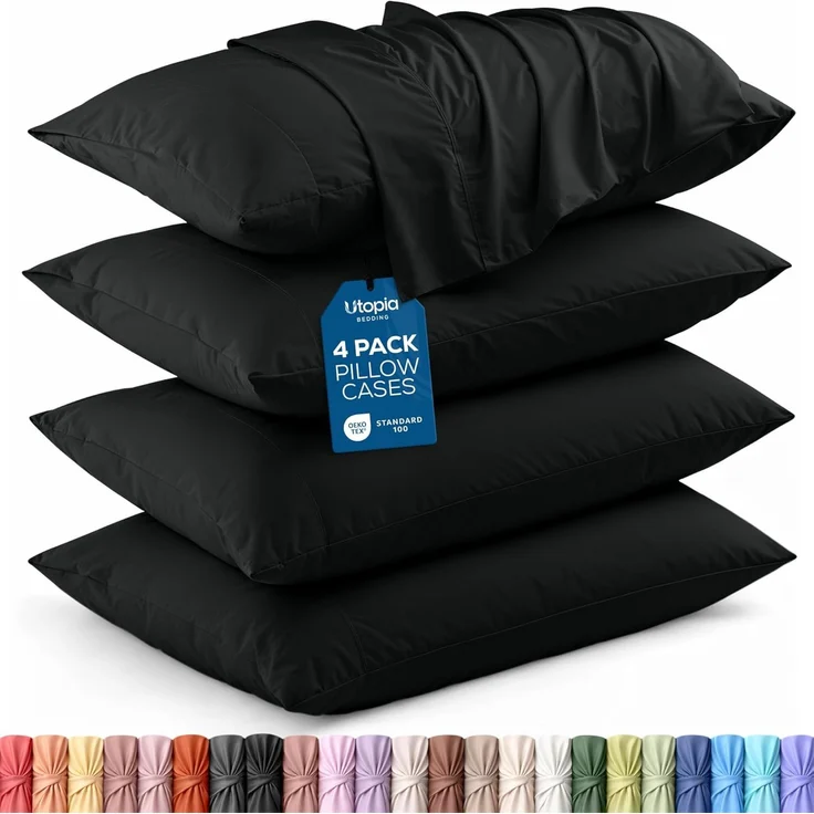 Utopia Bedding Queen-Kissenbezüge – 4er-Pack – Hotelverschluss – weicher, gebürsteter Mikrofaserstoff – schrumpf- und farbecht, Kissenbezüge, Queen-Size, 20 X 30 Inches (schwarz)