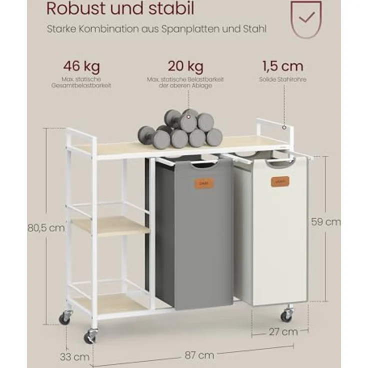 VASAGLE Wäschekorb 2 Fächer, Wäschesammler 100 L, Wäschesortierer, Rollen, Wäschewagen mit Ablagen, Wäschesack, mit abnehmbaren Taschen, 6 Etiketten, naturbeige-taubengrau-cremeweiß – Bild 7