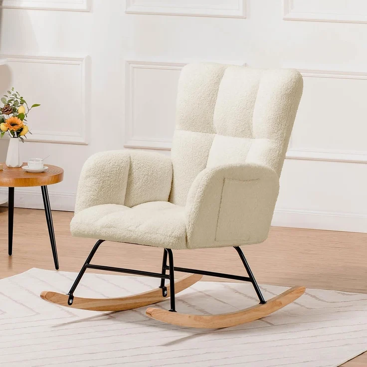 COMHOMA Schaukelstuhl, Relaxsessel mit Armlehnen, Ohrensessel aus Teddy-Plüsch Schaukelsessel, bis 150 kg belastbar, sonnenliege gartenliege für Schlafzimmer, Wohnzimmer Beige – Bild 2