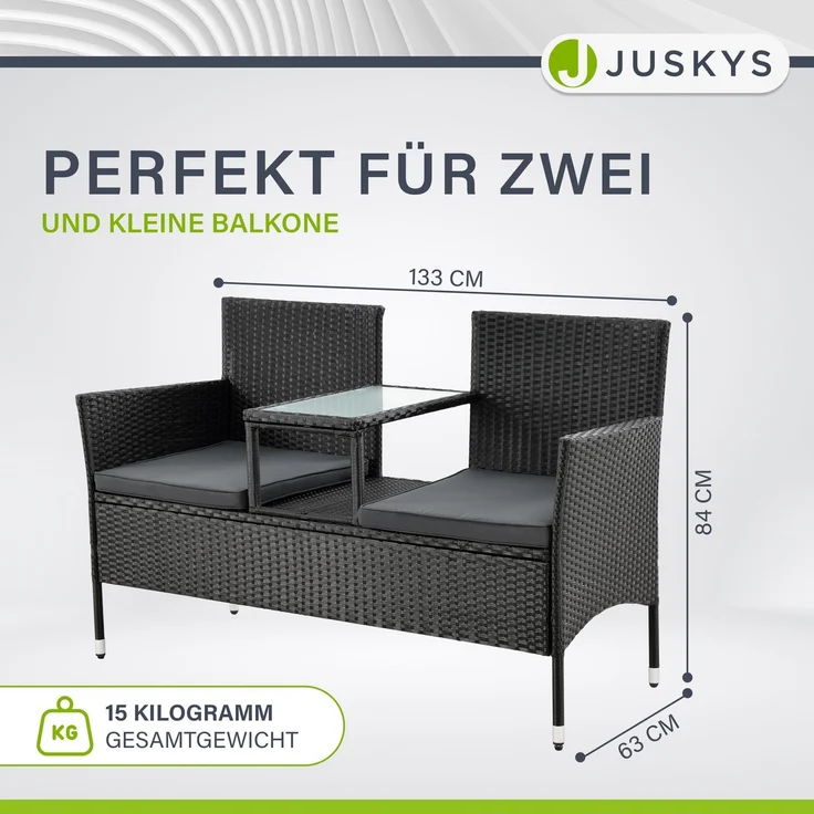 Juskys 'Monaco' 2-Sitzer Gartenbank mit Tisch und Kissen, Polyrattan schwarz, 133 × 63 × 84 cm – Bild 3