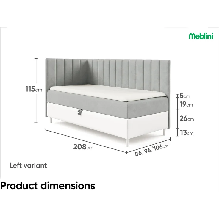 MEBLINI Kinderbett mit Bettkasten MAYA 3 100x200 Links – H3/Grau Samt Gepolstert Einzelbett mit Matratze - Polsterbett mit Stauraum - Bett mit Kopfteil – Stauraumbett – Bild 6