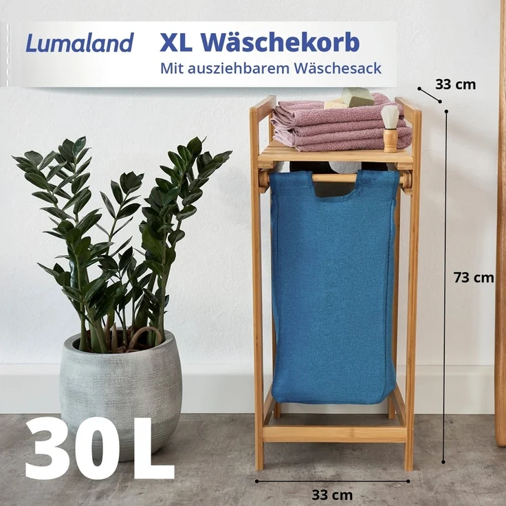Lumaland Wäschekorb Bambus 33x33x73cm holzfarben/blau Wäschesack ausziehbar – Bild 3