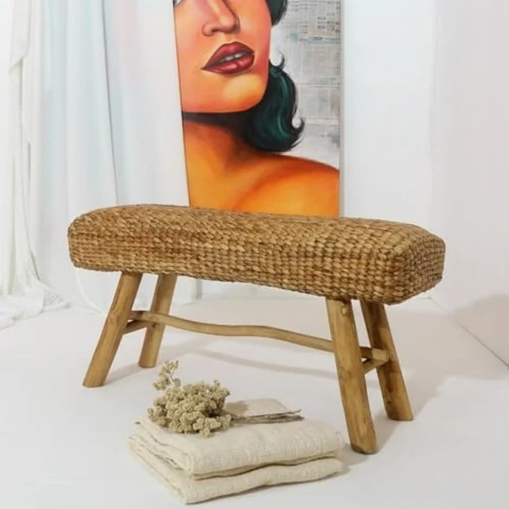 LebensWohnArt Sitzbank Wasserhyazinth Teakholz Sitzbank CASABLANCA 90cm natural Unikat – Bild 1