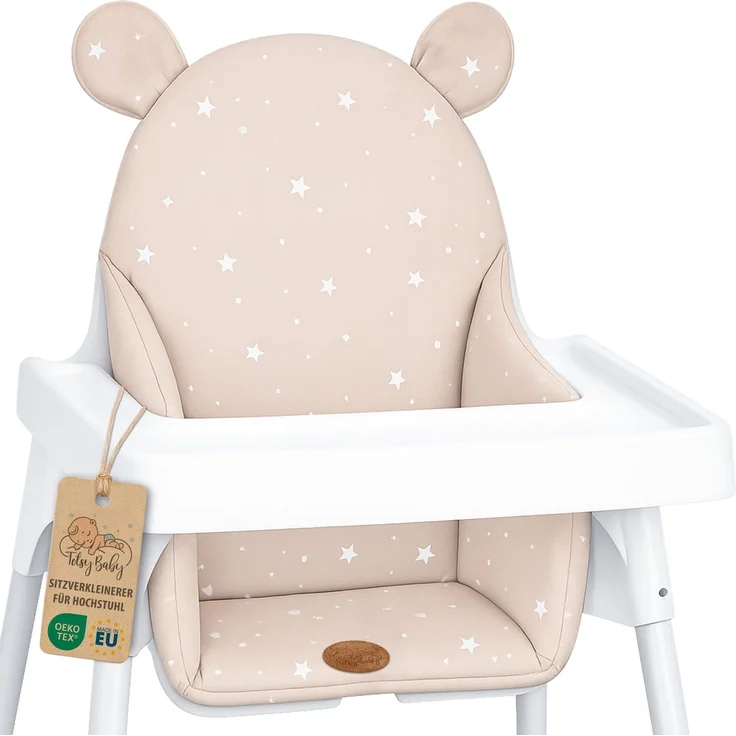 Sitzkissen für Hochstuhl faltbar Sitzverkleinerer – Baby Kissen Sitzauflage Stützkissen für Ikea Antilop Kinderstuhl und Babystuhl – handgemacht wasserabweisend Beige mit Weiß Sternen