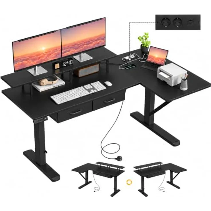 IRONCK Höhenverstellbarer Schreibtisch L Form, Elektrischer Eckschreibtisch | Computertisch 150x90cm mit Steckdose USB-C Anschlüsse, Homeoffice Tisch mit Schubladen Monitorständer 3 Speicherhöhen Schwarz – Bild 1