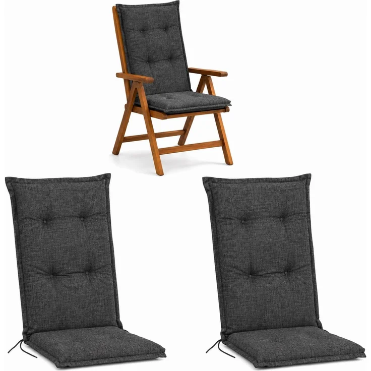 BURI 2x Hochlehner Auflage 120x50x5,5 cm - wetterfeste Gartenstuhlauflage mit Schaumkern & Vollvlies, Halteband & Bindebänder, bequemes Stuhlpolster für Balkon, Terrasse & Garten (Anthrazit/Grau) – Bild 1