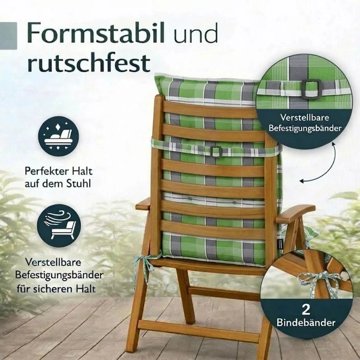 BURI 6x Auflagen Set Hochlehner für Gartenstühle 120x48x7cm Sesselauflagen Polster UV Lichtecht - Gartenstuhlauflagen Karo Muster Stuhlkissen mit Dicker Schaumstoff Füllung (Grün/Grau) – Bild 3