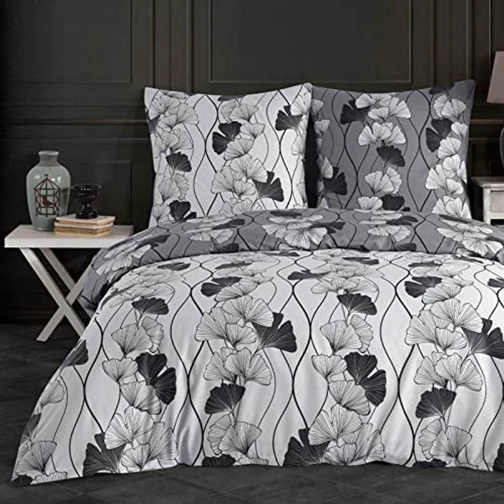 Buymax Bettwäsche Cornelia, Renforce: 100% Baumwolle, 2 teilig, 135x200 cm, mit Reißverschluss, Bettbezug-Set, Blumen, Grau, Schwarz – Bild 2