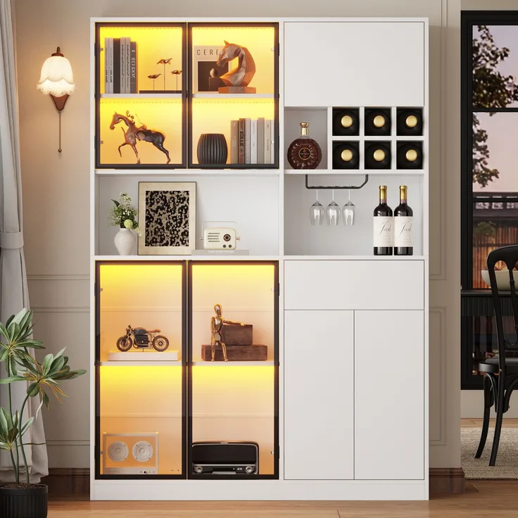 140x30x200cm Vitrine, Standvitrine mit 1 Schubladen 7 Schranktüren, Glasvitrine mit LED, Wohnzimmerschrank , Multifunktionsschrank mit 6 Weinregal,Becherhalter mit Aufhängung, Großer Schrank, Weiß