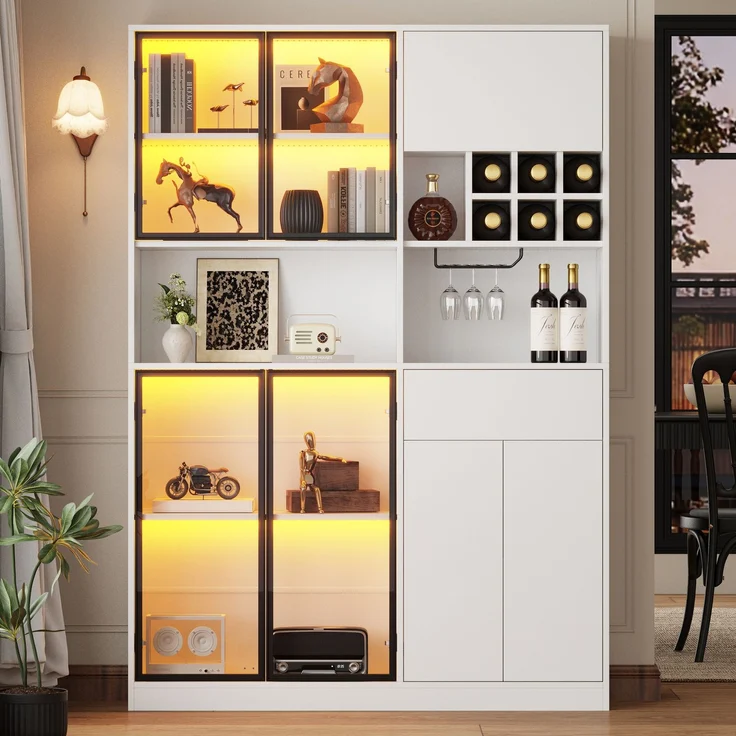 140x30x200cm Vitrine, Standvitrine mit 1 Schubladen 7 Schranktüren, Glasvitrine mit LED, Wohnzimmerschrank , Multifunktionsschrank mit 6 Weinregal,Becherhalter mit Aufhängung, Großer Schrank, Weiß – Bild 1