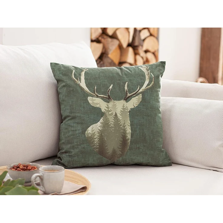 Kissenhülle "Waldhirsch", 45x45 cm, grün in Samt Optik, Kissenbezug mit Hirsch Motiv, Zierkissenbezug – Bild 1