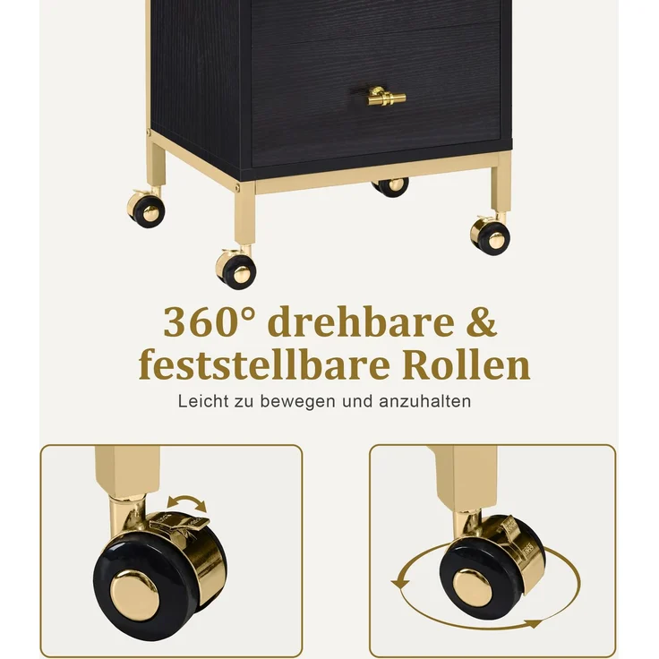 BarberPub Friseurwagen mit Rollen & 2 Schubladen, Rollwagen Servierwagen Schwarz-Gold, Salon Trolley mit 2 Ablagen & Föhnhalter, Moderner Arbeitswagen für Bad Wohnzimmer, 0029 – Bild 6
