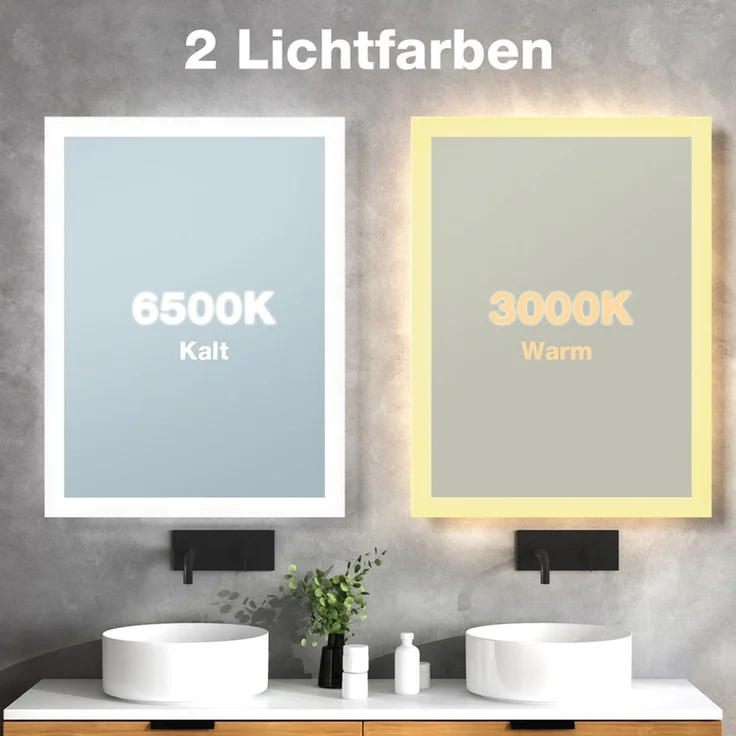 Gimbelen LED Badspiegel 45x60 cm, Badezimmerspiegel mit Beleuchtung & Tastenschalter, 2 Lichtfarben (3000K/6500K), Antibeschlag, explosionssicheres Glas, IP44, Silber – Bild 5