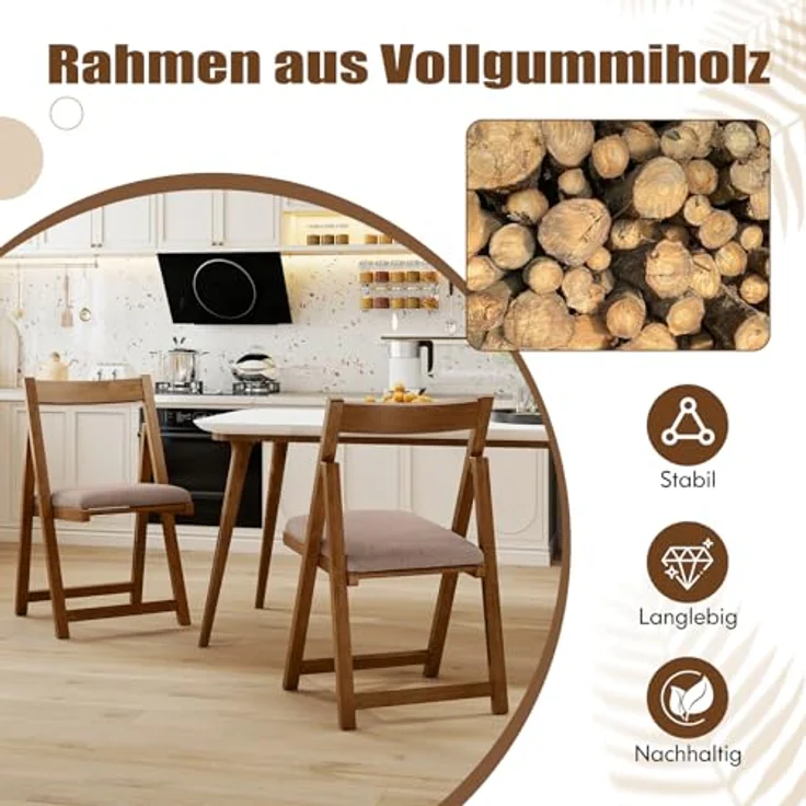 FANTASK Polsterstuhl Klappstuhl mit gebogenem Rückenlehne & Gummiholzbeinen, 2er Set Küchenstühle klappbar für Esszimmer, Hochzeit & Restaurant (Walnuss) – Bild 4