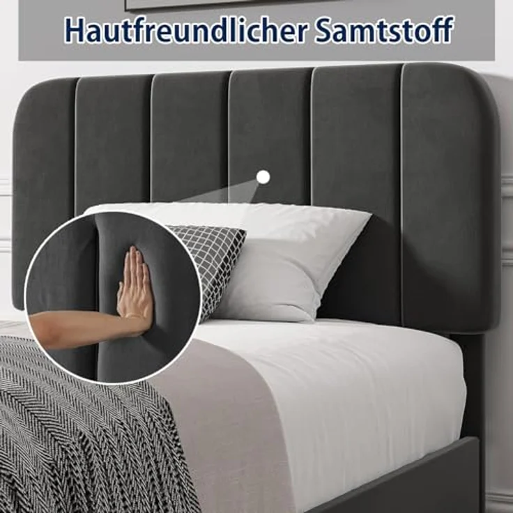 VECELO 2er-Set Polsterbett 90x200 cm – Samtbezug, Einzelbett Bettgestell mit Lattenrost aus Massivholz, Einfache Montage, Ideal für Jugendzimmer, Grau – Bild 5