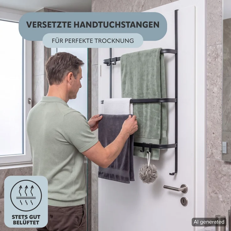 Tür-Hängeregal aus Metall, 3 Handtuchstangen und 4 Haken, schwarz – Bild 3