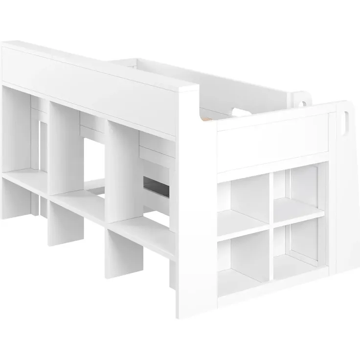 Hochbett mit Schreibtisch, Stauraum, LED-Streifen, Lattenrost, Regalen, Schubladen, Rausfallschutz, USB und Leiter, 90x200 cm, Kinderbett, Kiefer – Bild 7