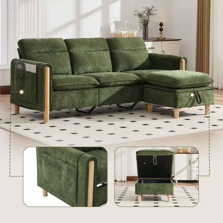 DESVIAE Sofa 3-Sitzer mit Stauraumhocker und Seitentaschen 201x77x86 cm Chenille Grün – Bild 6