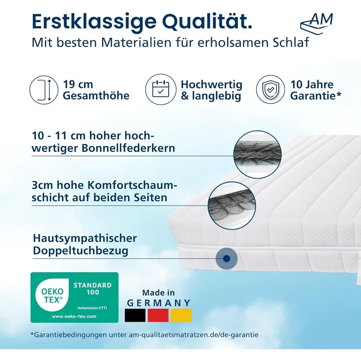 AM Qualitätsmatratzen - Bonellfederkernmatratze 80x200 cm H3 / H4-19cm Höhe - Made in Germany - Hochwertiger Bezug aus Doppeltuch mit versteppter Klimafaser (200g/ m²) – Bild 4