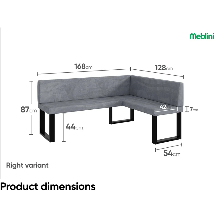 MEBLINI Eckbank für Esszimmer mit ausziehbarem Tisch - Küchenbank - Essecke - Sitzecke Küche - TONI - U-Beine 128x168x87cm Rechts - Grau Samt/M Schwarz Hochgl. – Bild 7