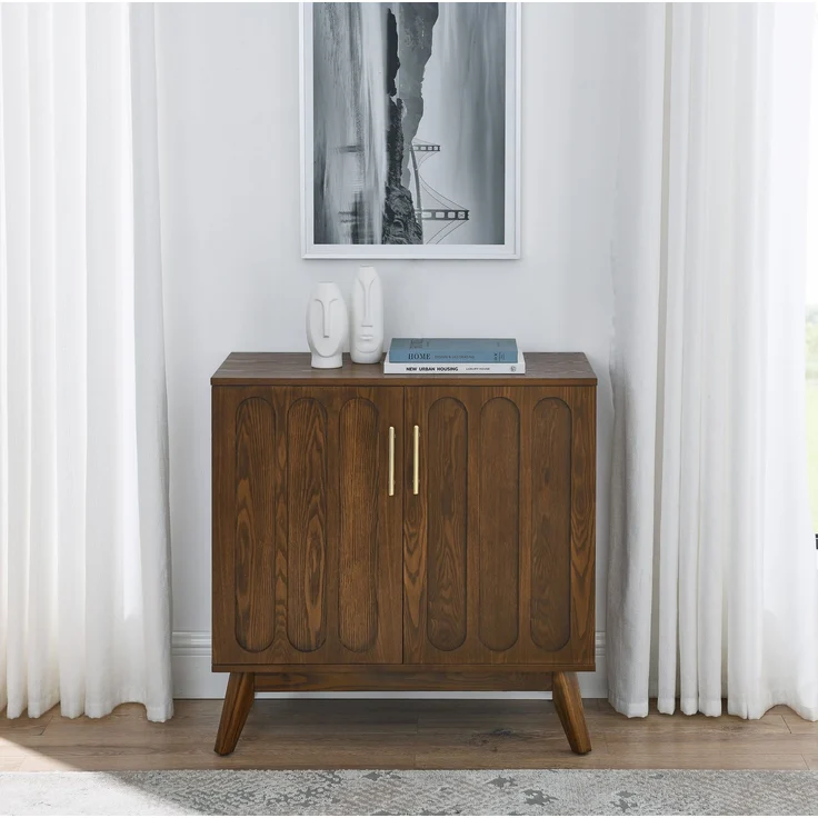 DESVIAE Sideboard Walnuss aus Massivholz/MDF – 89,54x48,26x24,77 cm – Riffelung, Steckdosenanschluss – Bild 4