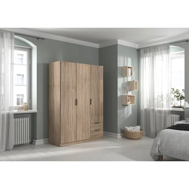 Rauch Möbel Lagoa, Kleiderschrank, Garderobe für Schlafzimmer, Kinderzimmer, Jugendzimmer 3-türig, 2 Schubladen, mit Zubehör Classic, Farbe Eiche Sonoma, Holz, Breite 136 – Bild 3