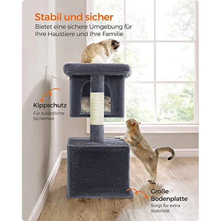 Feandrea Kratzbaum, 101 cm Katzenbaum, XL, Katzenhaus für extra große Katzen bis zu 20 kg, große Plattform, 2 Katzenhöhlen, Sisalstämme, rauchgrau PCT614G01 – Bild 10