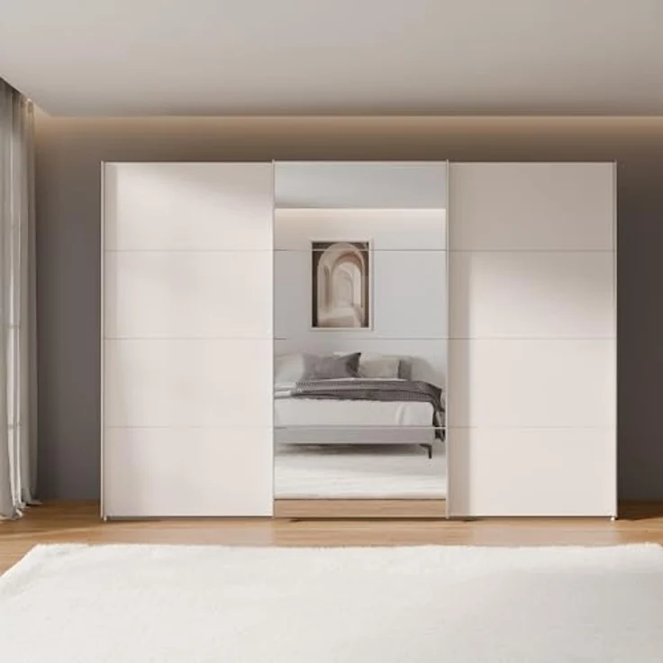 Forte SOPHISTISPACE Kleiderschrank 300, moderner Schwebetürenschrank, 3-türig, Einlegeböden, Kleiderstangen, Spiegel, Holzwerkstoff, Kaschmir|Beige, 299,8 cm breit x 210,5 cm hoch x 62,9 cm tief – Bild 2