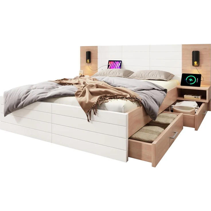 Doppelbett Holzbett Bettanlage mit 2 Schubladen, Kopfteil Leselicht mit USB Ladefunktion, Modernes Bett inkl. 2 Nachtkommode, Bettgestell & Lattenrost, Set in Eiche/Weiß, Ohne Matratze, 180×200 cm – Bild 7