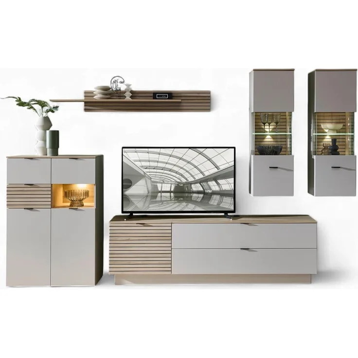 Stella Trading INA Wohnwand Komplett-Set in Kaschmir, Riva Eiche Optik FSC-Zertifiziert - Moderne Schrankwand 6-teilig mit LED-Beleuchtung für Ihr Wohnzimmer - 340 x 200 x 44 cm (B/H/T)