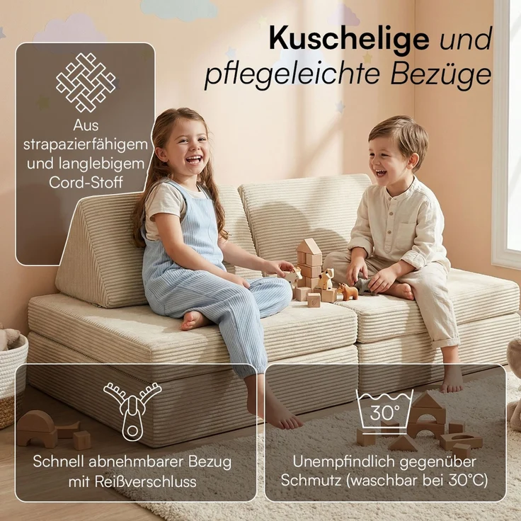 Bellabino 'Nile' Spielsofa mini, 4-tlg, Cord, beige, faltbare Kindercouch, abnehmbarer & waschbarer Bezug, Kleinkindsofa aus Schaumstoff, bis 6 Jahre, Oeko-Tex zertifiziert – Bild 6