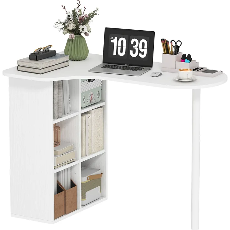 Unregelmäßiger Computertisch 100 x 59 cm mit 6 Fächern, 4 verstellbaren Einlegeböden und Stahlrahmen, weiß