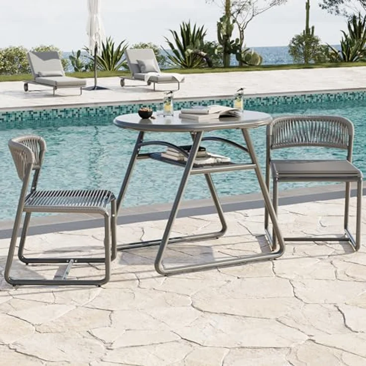 GarveeHome Bistrotisch mit 2 Stühlen, Modernes 3-teiliges Bistro-Set für Garten, Balkonmöbel Set mit 80cm Tisch&2 Stühle aus wetterfestem, Terrassenmöbel Möbel Set für Kleinen Balkon（Grau） – Bild 9