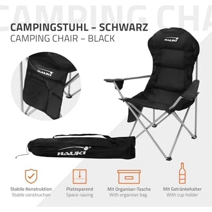 Hauki Campingstuhl Faltstühl faltbar mit Getränkehalter & Tragetasche bis 150kg (1 St), Klappstuhl 56x95x110 cm Schwarz Angelstuhl mit Hochlehner Gepolster – Bild 4