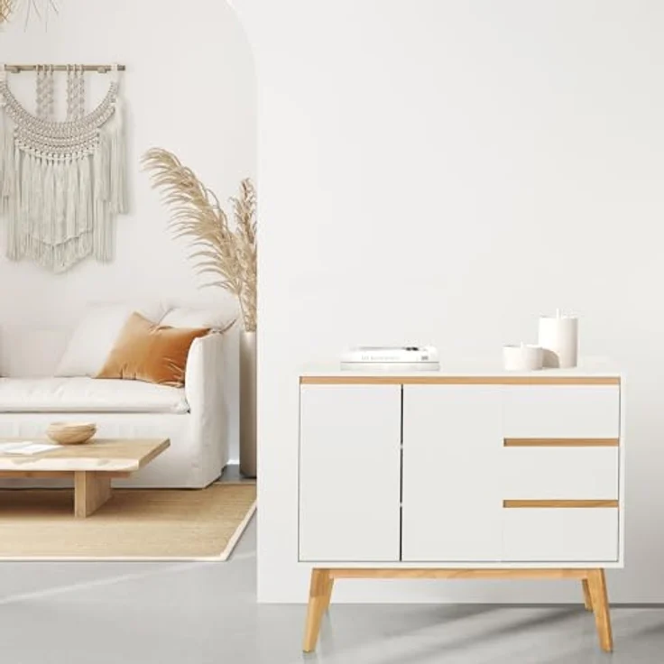hjh LIVING Kommode mit 3 Schubladen, 2 Türen TAROLO I Sideboard im skandinavischen Stil, Soft-Close, griffloses Design, Schrank mit Holzbeinen, Weiß – Bild 7
