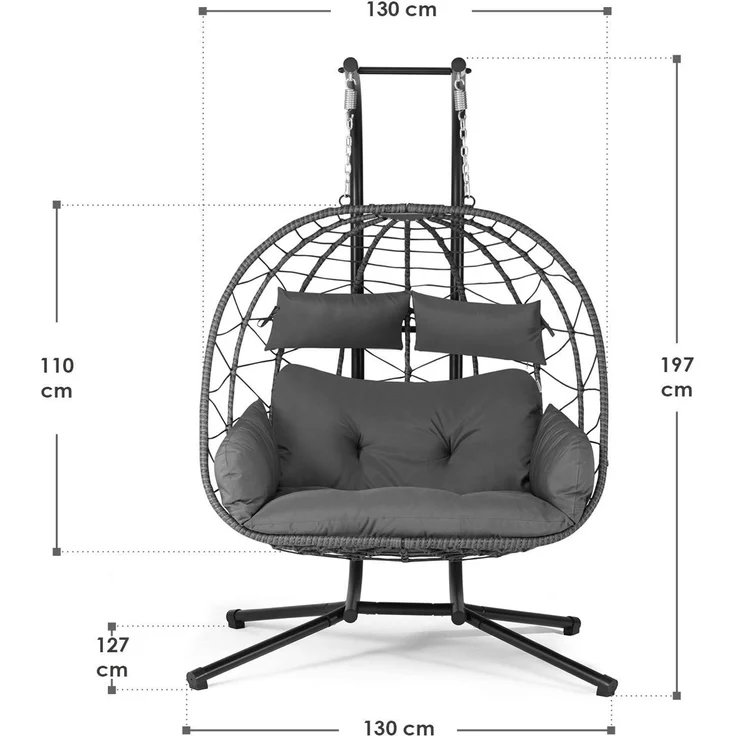 Juskys Doppelhängesessel Aria - Polyrattan Hängesessel mit Gestell & Kissen - Schaukel für zwei Personen - Outdoor Indoor Sessel - XXL Korb Grau – Bild 2