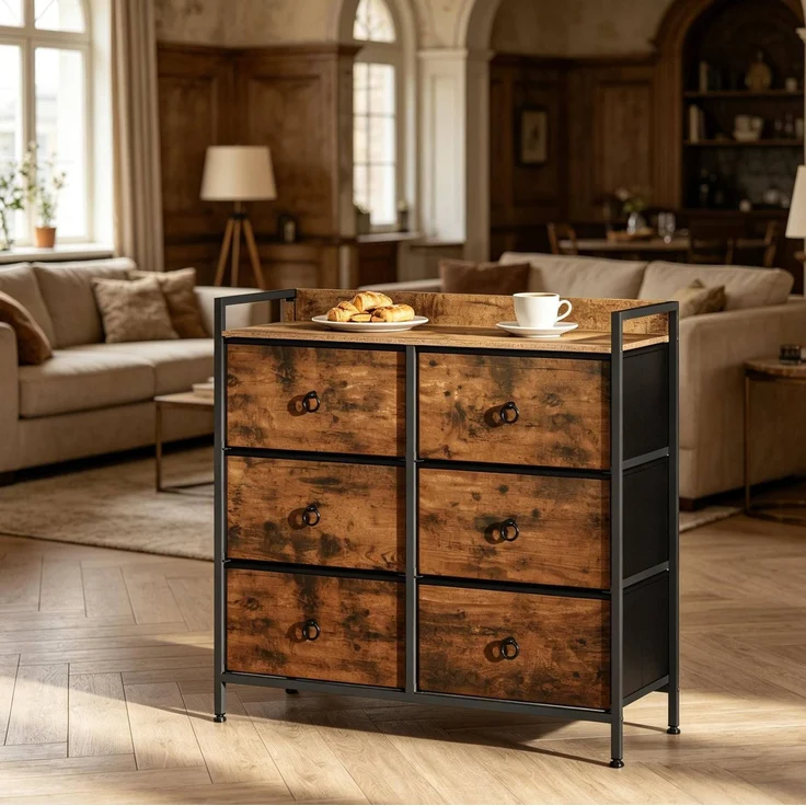 DESVIAE Kommode mit 6 Stoffschubladen 80x78x29 cm Holzwerkstoff Metall Rustikal Braun Schwarz – Bild 2