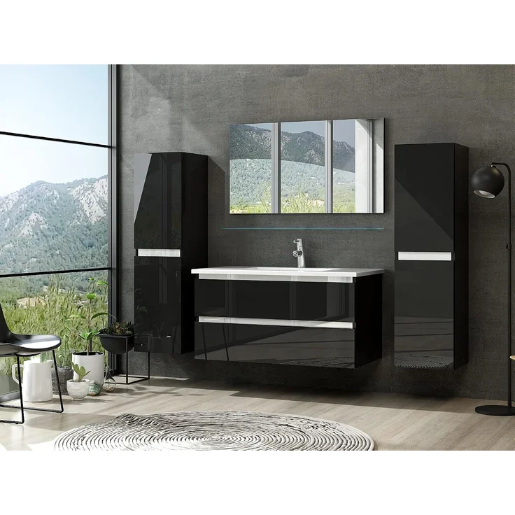 Homeline Badmöbel Set mit Schubladen Glas ablage (Marcel Schwarz, 90 cm 1x Hochschrank) – Bild 1