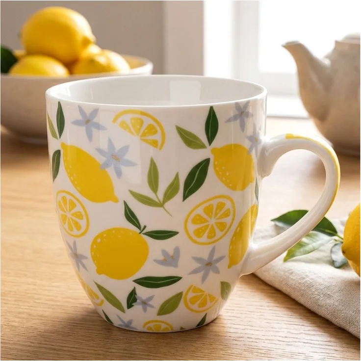 Orion Group Kaffeetasse Zitronenmotiv, XXL 1L, Porzellan, spülmaschinen- und mikrowellengeeignet, mehrfarbig