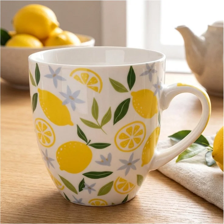 Orion Group Kaffeetasse Zitronenmotiv, XXL 1L, Porzellan, spülmaschinen- und mikrowellengeeignet, mehrfarbig