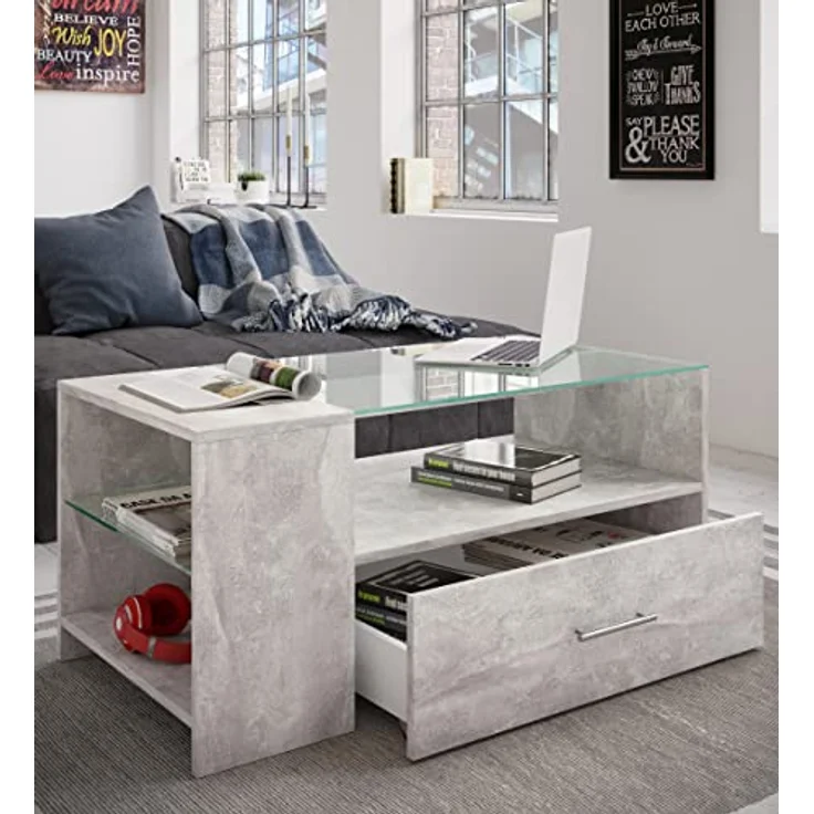 MID.YOU Couchtisch Grau, Glas, Holzwerkstoff, 1 Schublade, 100x45x50 cm, offenes Fach mit Stauraum – Bild 2