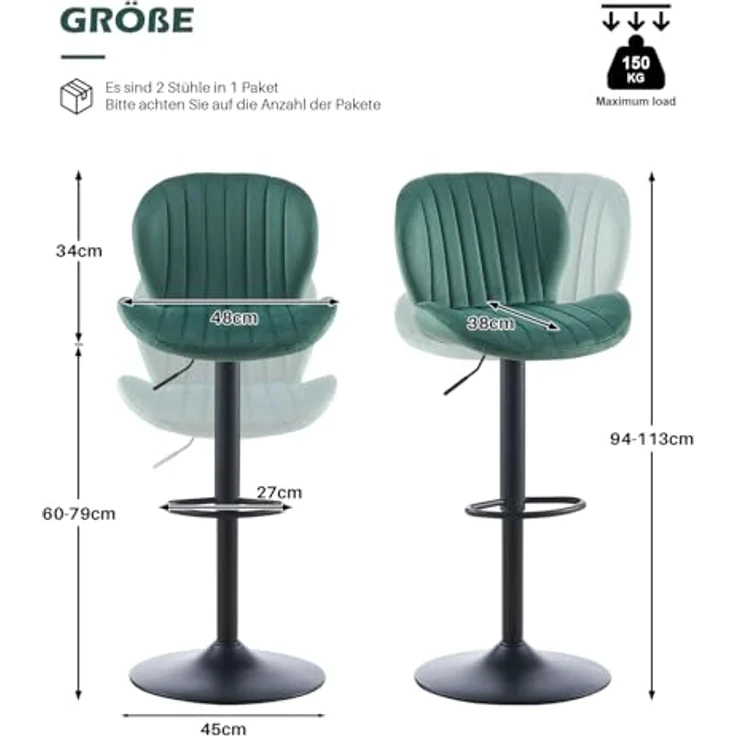 TUKAILAI Barhocker 2er Set aus Samt, Barstuhl Höhenverstellbar，360°Drehbar, Hocker mit lehne,fußstütze,metallrahmen, Gepolsterter Küchenhocker Tresenhocker, Bar Chair für Küche Bars, Grün – Bild 4