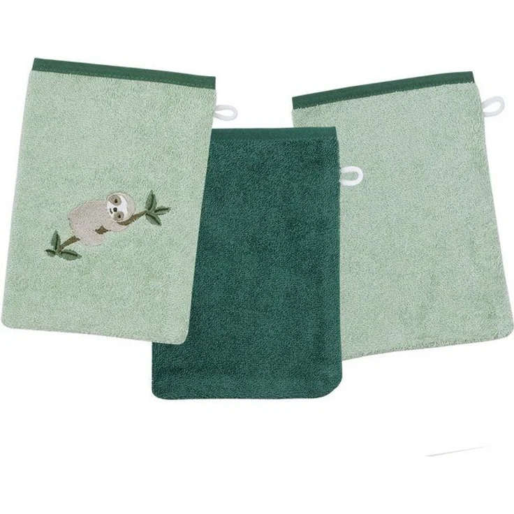 Wörner Waschhandschuh Faultier Waschhandschuh 3er Set, (3-St), 1x mit Stickerei Faultier, 2x unifarben – Bild 3