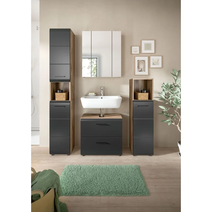 Badezimmer-Set >Ice< in Nox Oak / Schwarz - 150x185x30cm (BxHxT) – Bild 1