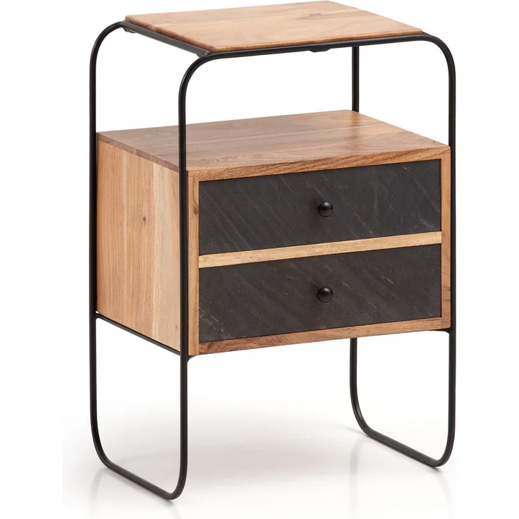 FINEBUY Nachttisch FB55691 (Akazie Massivholz Metall, 40 x 60 x 30 cm Boxspringbett), Nachtkonsole Steinoptik, Design Nachtkommode – Bild 6